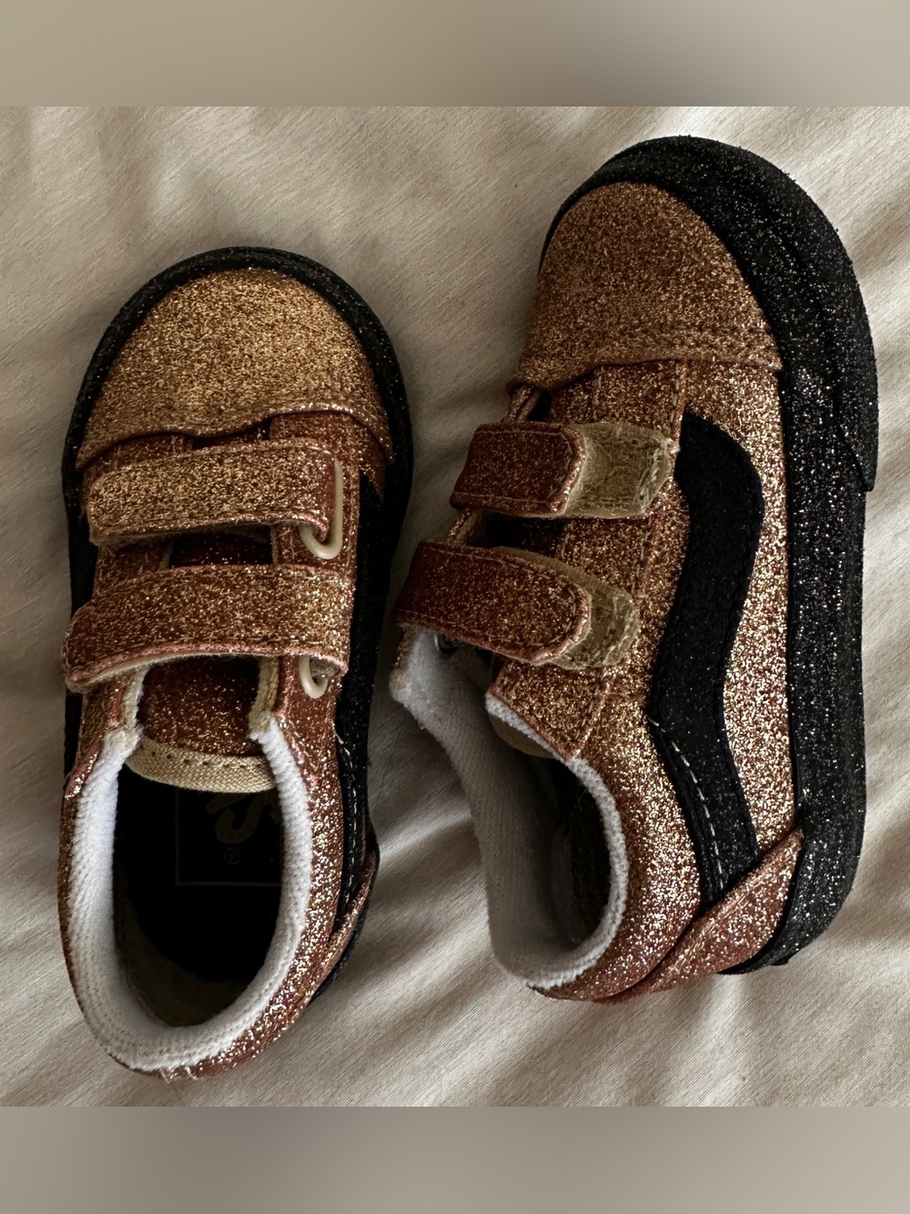 Vans Kids Glitter Gold and Black Velcro Sneakers